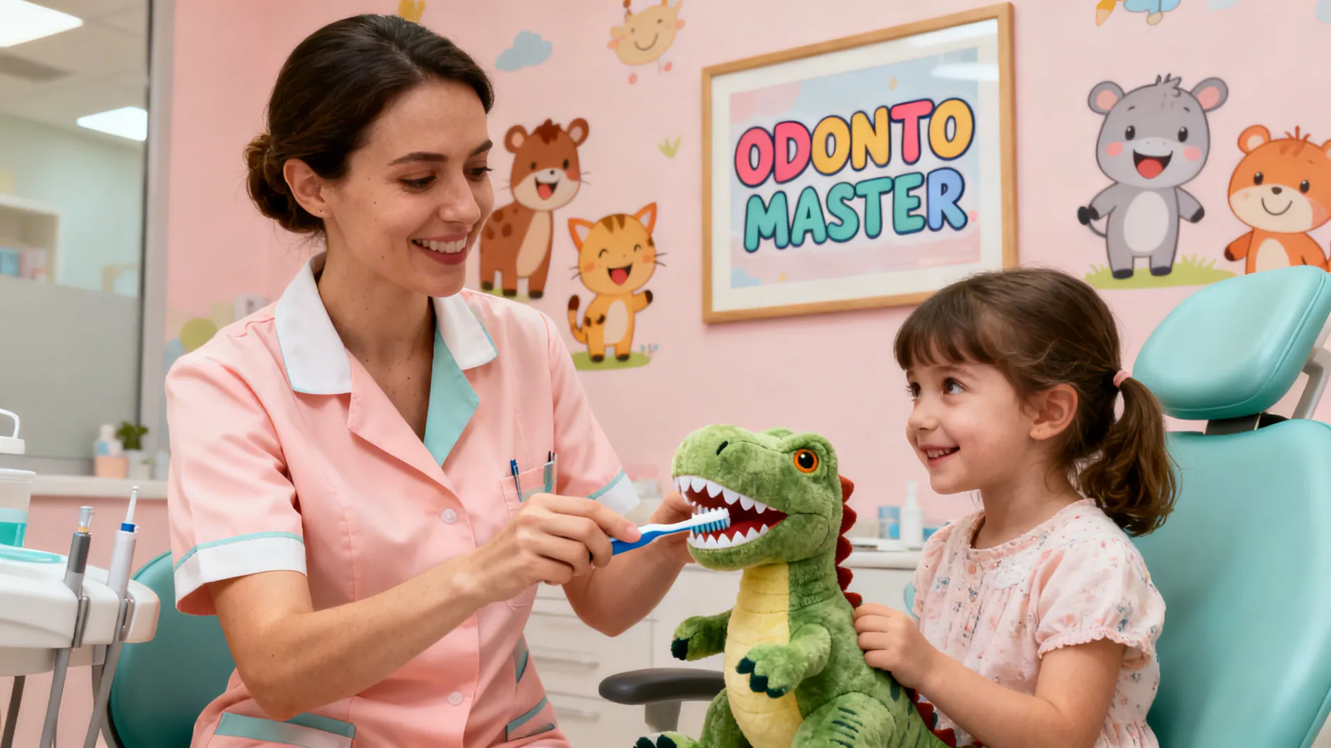 Odontóloga atendiendo a una niña en el consultorio infantil de Odontomaster